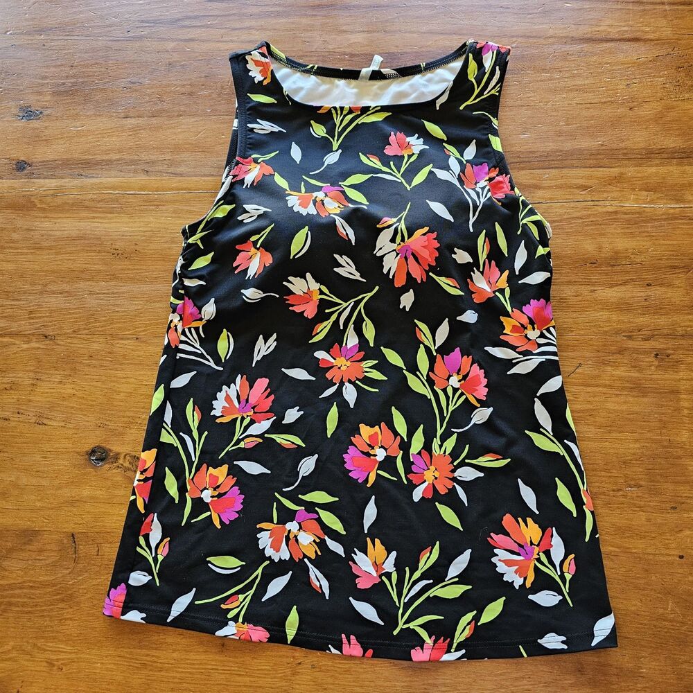 Lands End Black Floral High Neck Tankini Swim Top Size 6L Long Tall Modest Pool
